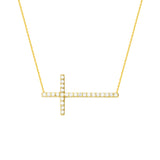 14K Yellow Gold Sideways Cross Cubic Zirconia Necklace. Adjustable Cable Chain 16" to 18"