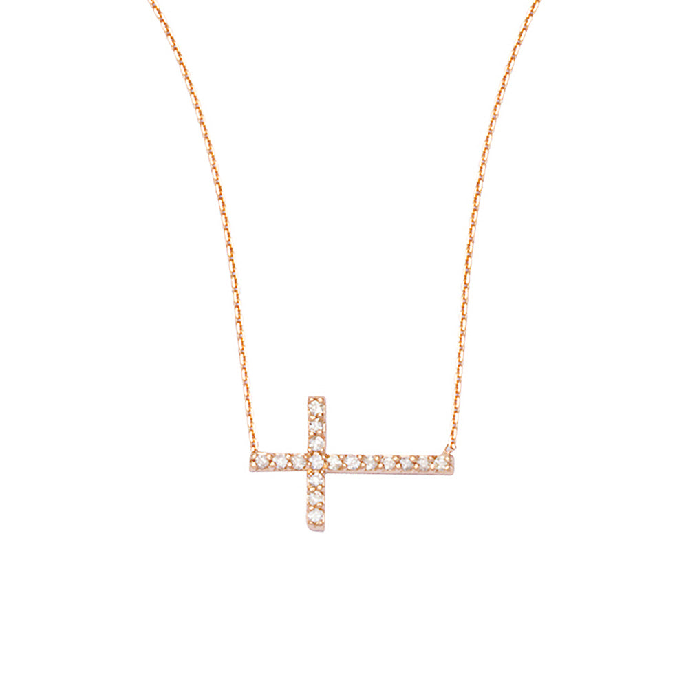 14K Rose Gold Sideways Cross Diamond Necklace. Adjustable Cable Chain 16" to 18"