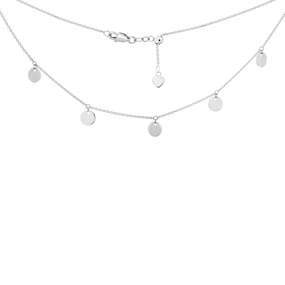 14K White Gold 5 Spaced Shiny Dangeling Disks Charms Choker Necklace. Adjustable 10"-16"