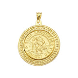 14K Yellow Gold Saint Christopher Framed Round Medal With Text Saint Christopher. Protect us