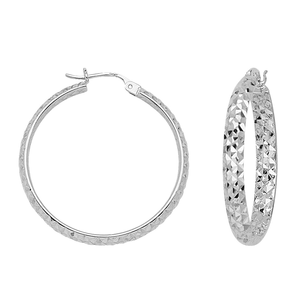 925 White Sterling Silver 3 mm Inside & Outside Diamond Cut Hoop Earrings 1.2" Diameter
