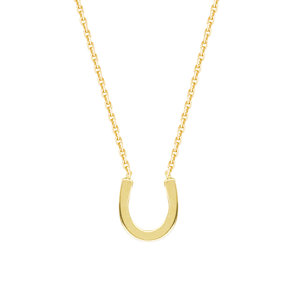 14K Yellow Gold Lucky Horseshoe Necklace. Adjustable Diamond Cut Cable Chain 16" to 18"