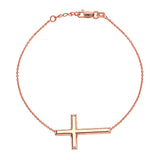 14K Rose Gold Sideways Cross Bracelet. Adjustable Cable Chain 7