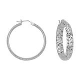 10K White Gold 3 mm Diamond Cut Hoop Earrings 0.6" Diameter
