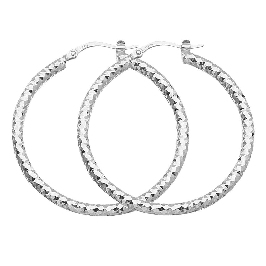 925 White Sterling Silver 2 mm Full All Around Diamond Cut Hoop Earrings 1.6" Diameter
