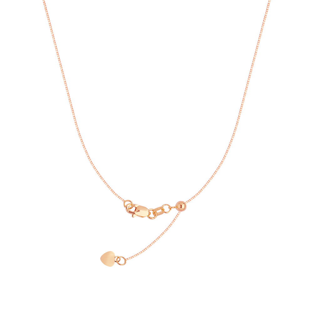 22" Adjustable Box Chain Necklace with Slider 14K Rose Gold 0.96 mm 4.05 grams