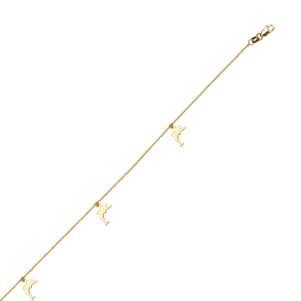 14K Yellow Gold Trio Dolphin Anklet 10" length