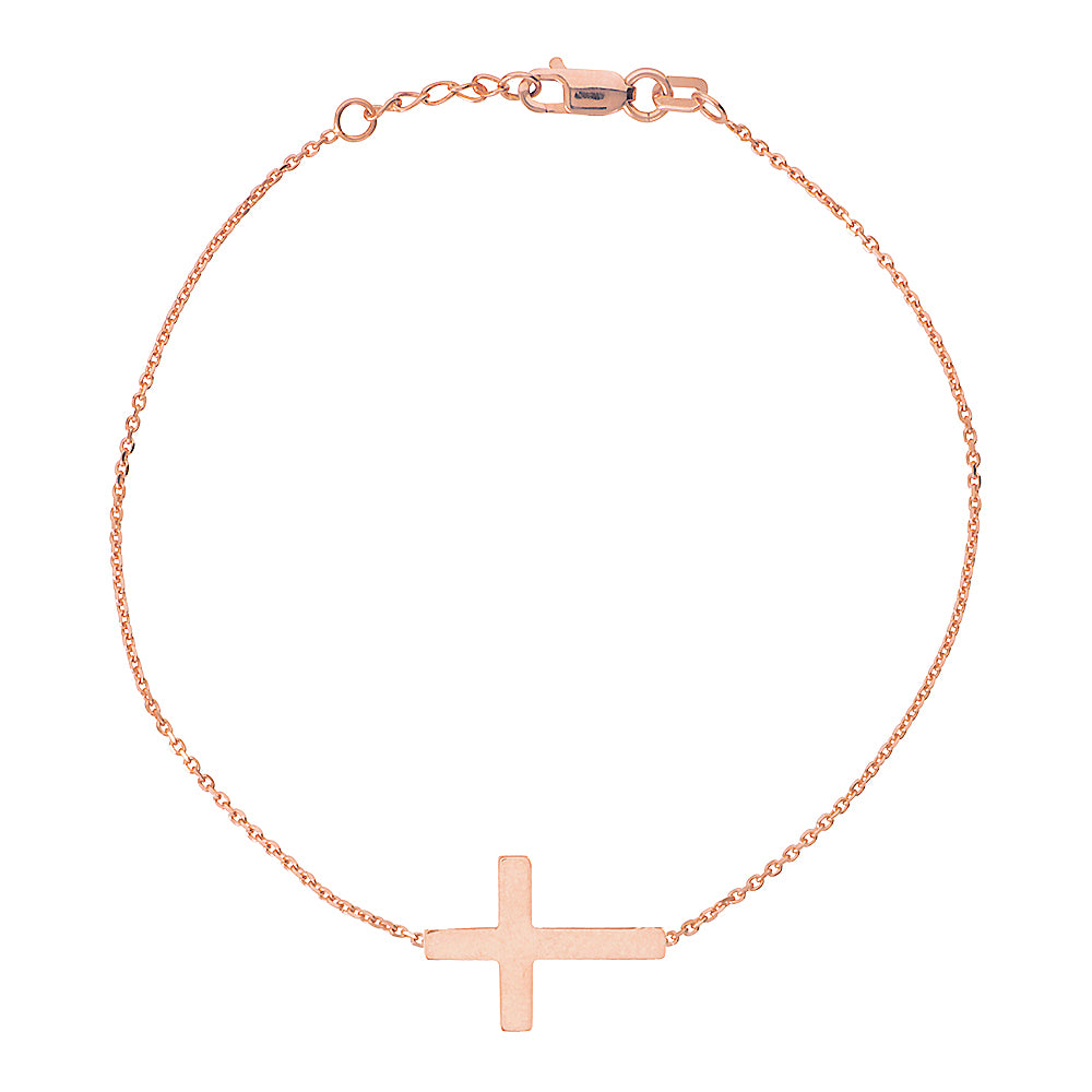 14K Rose Gold Sideways Cross Bracelet. Adjustable Diamond Cut Cable Chain 7" to 7.50"