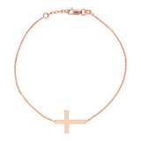 14K Rose Gold Sideways Cross Bracelet. Adjustable Diamond Cut Cable Chain 7