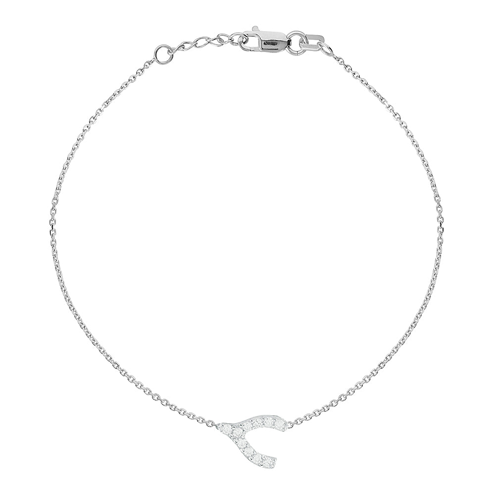 14K White Gold Cubic Zirconia Sideways Wishbone Bracelet. Adjustable Diamond Cut Cable Chain 7" to 7.50"
