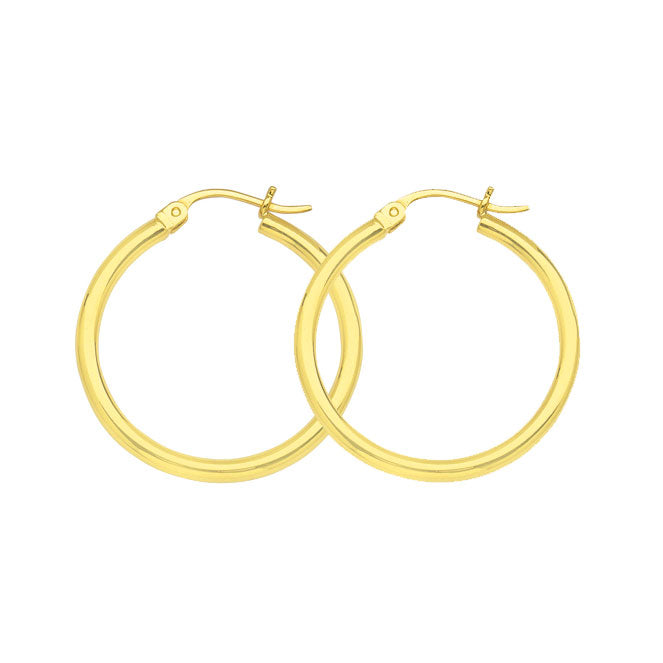 10K Yellow Gold 2 mm Polished Round Hoop Earrings 0.6" Diameter