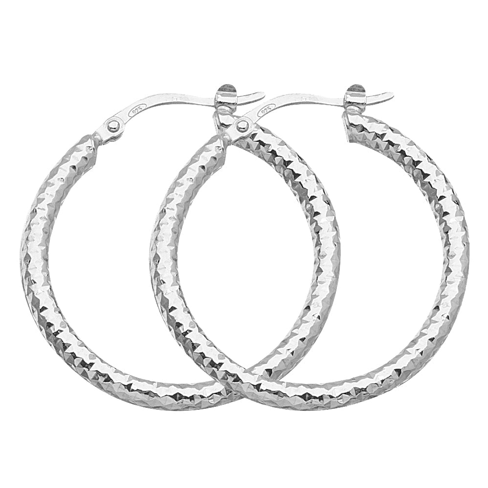 925 White Sterling Silver 2 mm Full All Around Diamond Cut Hoop Earrings 1.2" Diameter