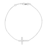 14K White Gold Cubic Zirconia Sideways Cross Bracelet. Adjustable Diamond Cut Cable Chain 7" to 7.50"