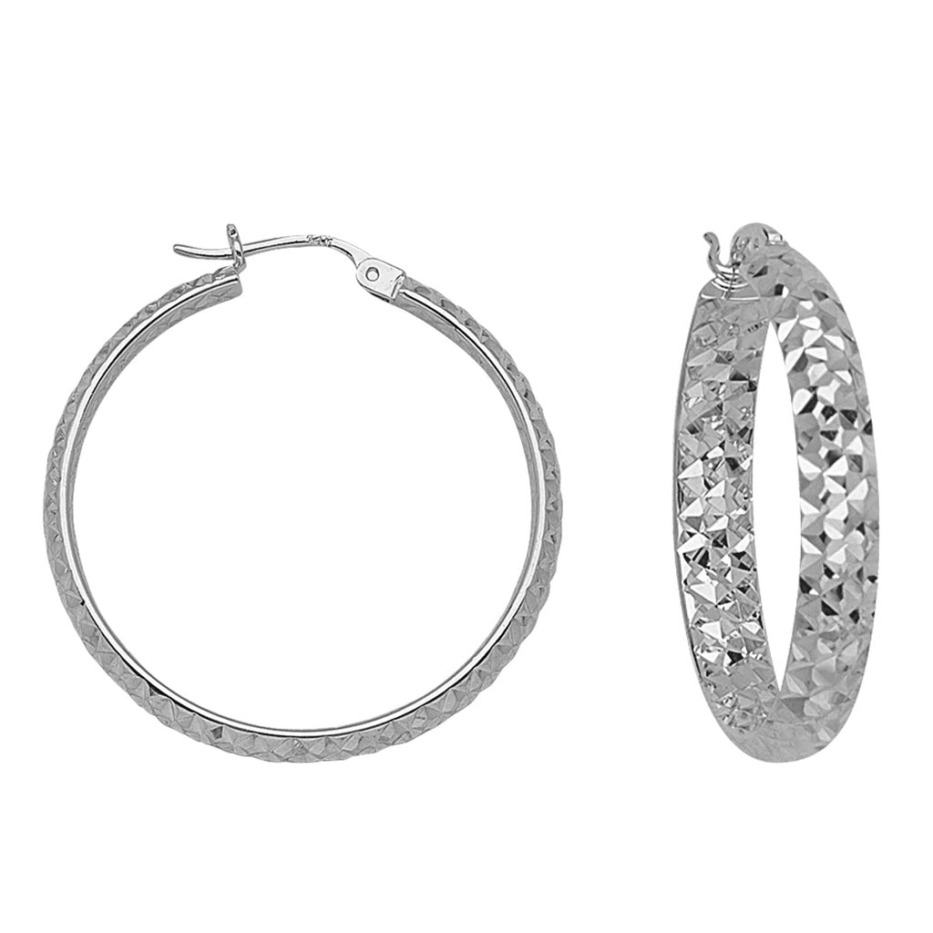 925 White Sterling Silver 3 mm Inside & Outside Diamond Cut Hoop Earrings 1.2" Diameter