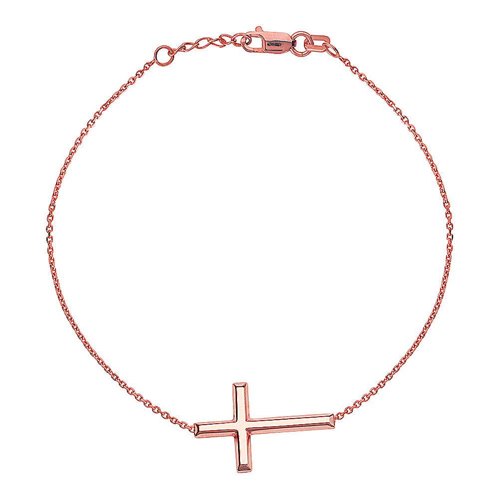 14K Rose Gold Sideways Cross Bracelet. Adjustable Cable Chain 7" to 7.50"
