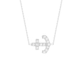 14K White Gold Cubic Zirconia Sideways Anchor Necklace. Adjustable Cable Chain 16