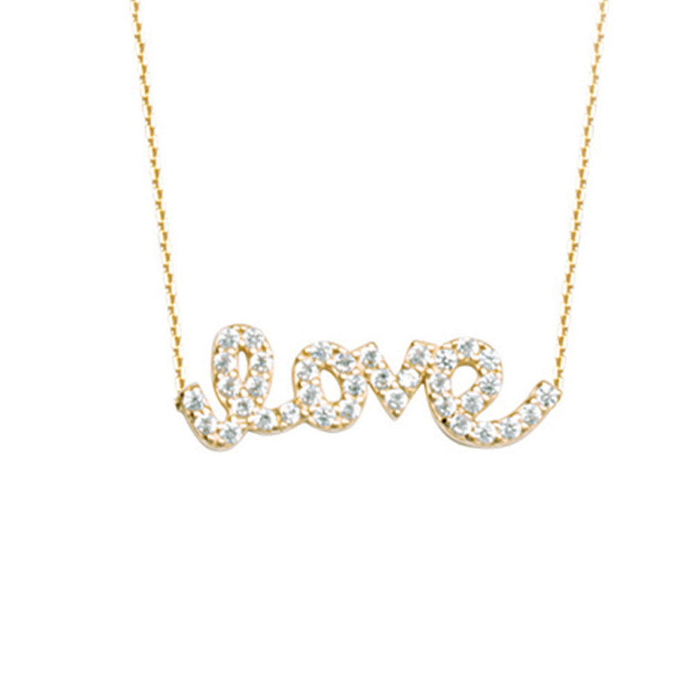 14K Yellow Gold Love Cubic Zirconia Necklace. Adjustable Cable Chain 16" to 18"