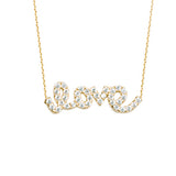 14K Yellow Gold Love Cubic Zirconia Necklace. Adjustable Cable Chain 16" to 18"