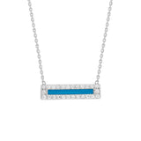 14K White Gold Cubic Zirconia Blue Enamel Bar Necklace. Adjustable Diamond Cut Cable Chain 16" to 18"