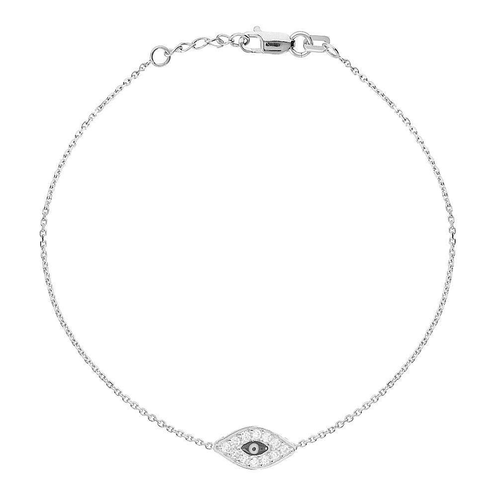 14K White Gold Cubic Zirconia Evil Eye Bracelet. Adjustable Diamond Cut Cable Chain 7" to 7.50"