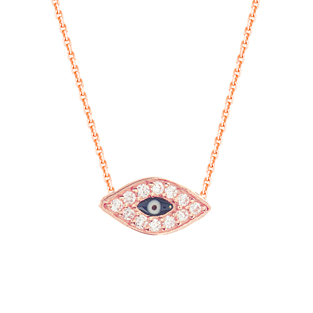 14K Rose Gold Cubic Zirconia Evil Eye Necklace. Adjustable Diamond Cut Cable Chain 16" to 18"