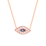 14K Rose Gold Cubic Zirconia Evil Eye Necklace. Adjustable Diamond Cut Cable Chain 16
