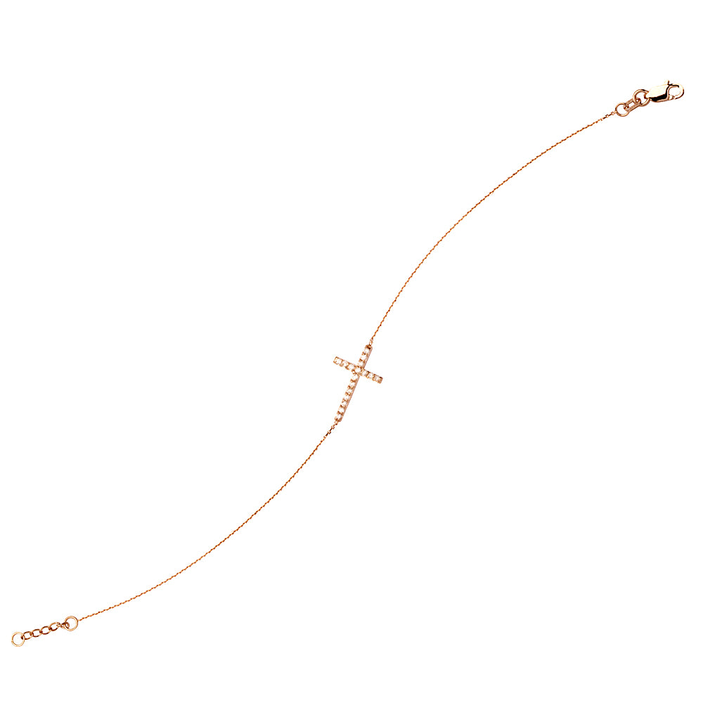 14K Rose Gold Sideways Cross Diamond Bracelet. Adjustable Cable Chain 7" to 7.50"