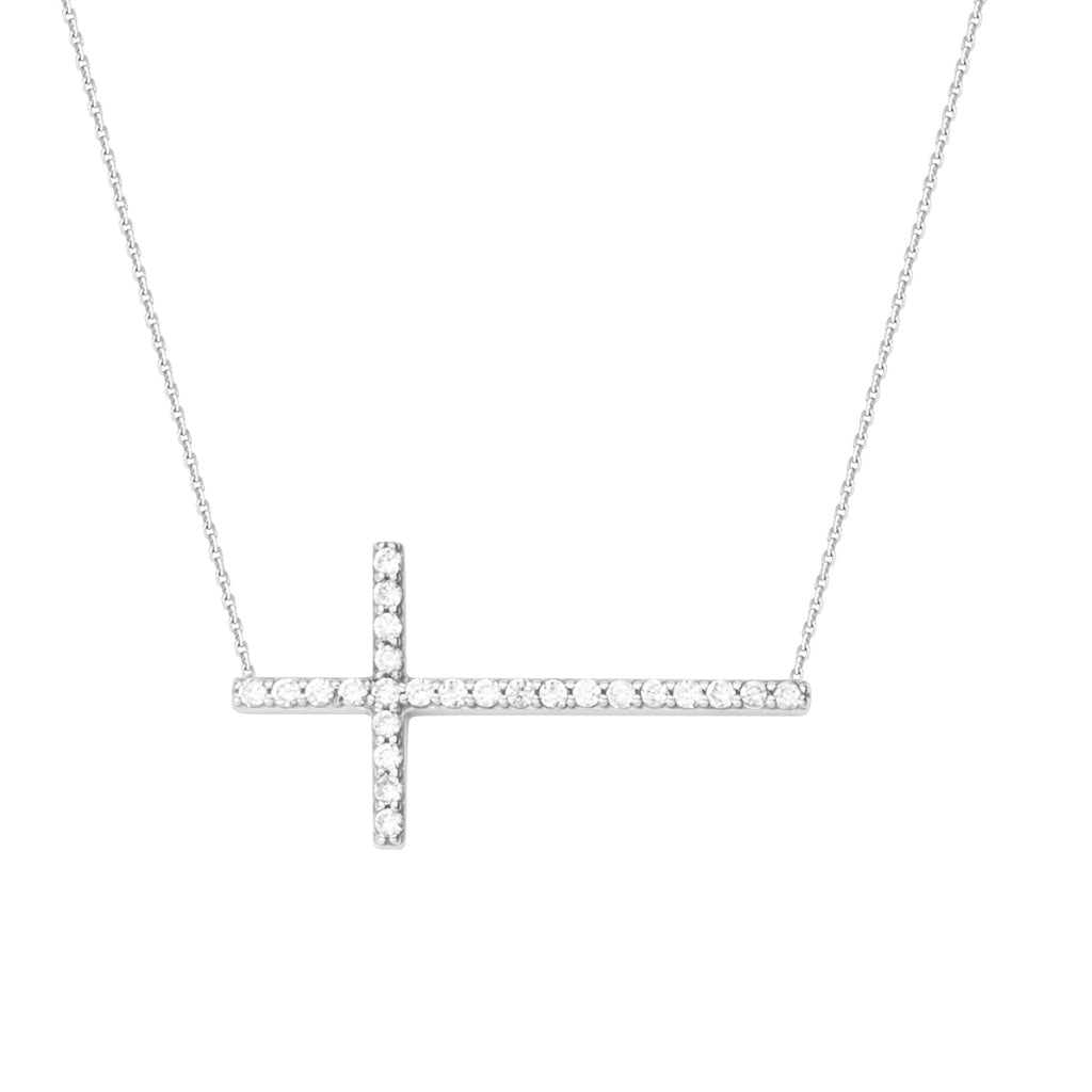 14K White Gold Sideways Cross Cubic Zirconia Necklace. Adjustable Cable Chain 16" to 18"