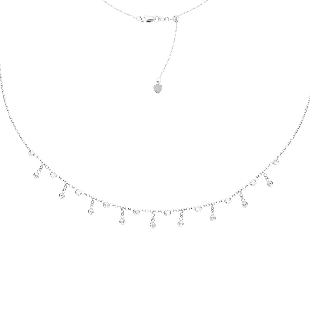 Sterling Silver Bezel Set Cubic Zirconia Beads in Rainfall Pattern Choker Necklace. Adjustable 10"-16"