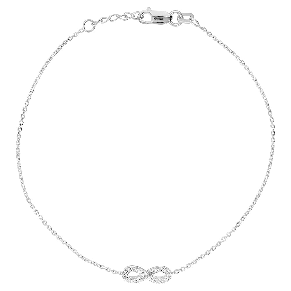 14K White Gold Cubic Zirconia Infinity Bracelet. Adjustable Diamond Cut Cable Chain 7" to 7.50"