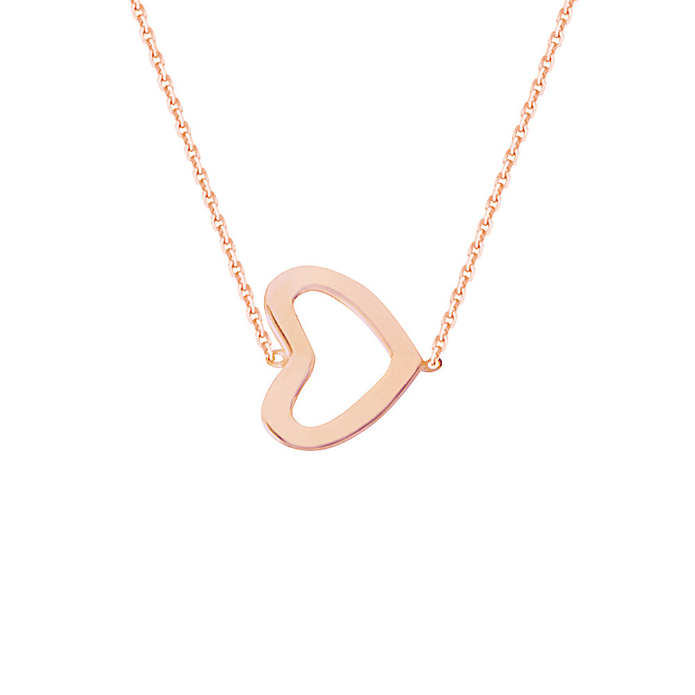 14K Rose Gold Sideways Heart Necklace. Adjustable Diamond Cut Cable Chain 16" to 18"