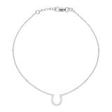 14K White Gold Cubic Zirconia Lucky Horseshoe Bracelet. Adjustable Diamond Cut Cable Chain 7