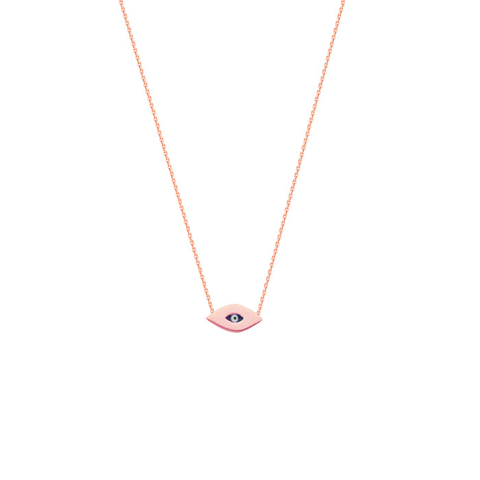 14K Rose Gold Evil Eye Necklace. Adjustable Diamond Cut Cable Chain 16" to 18"
