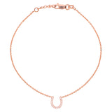 14K Rose Gold Cubic Zirconia Lucky Horseshoe Bracelet. Adjustable Diamond Cut Cable Chain 7" to 7.50"