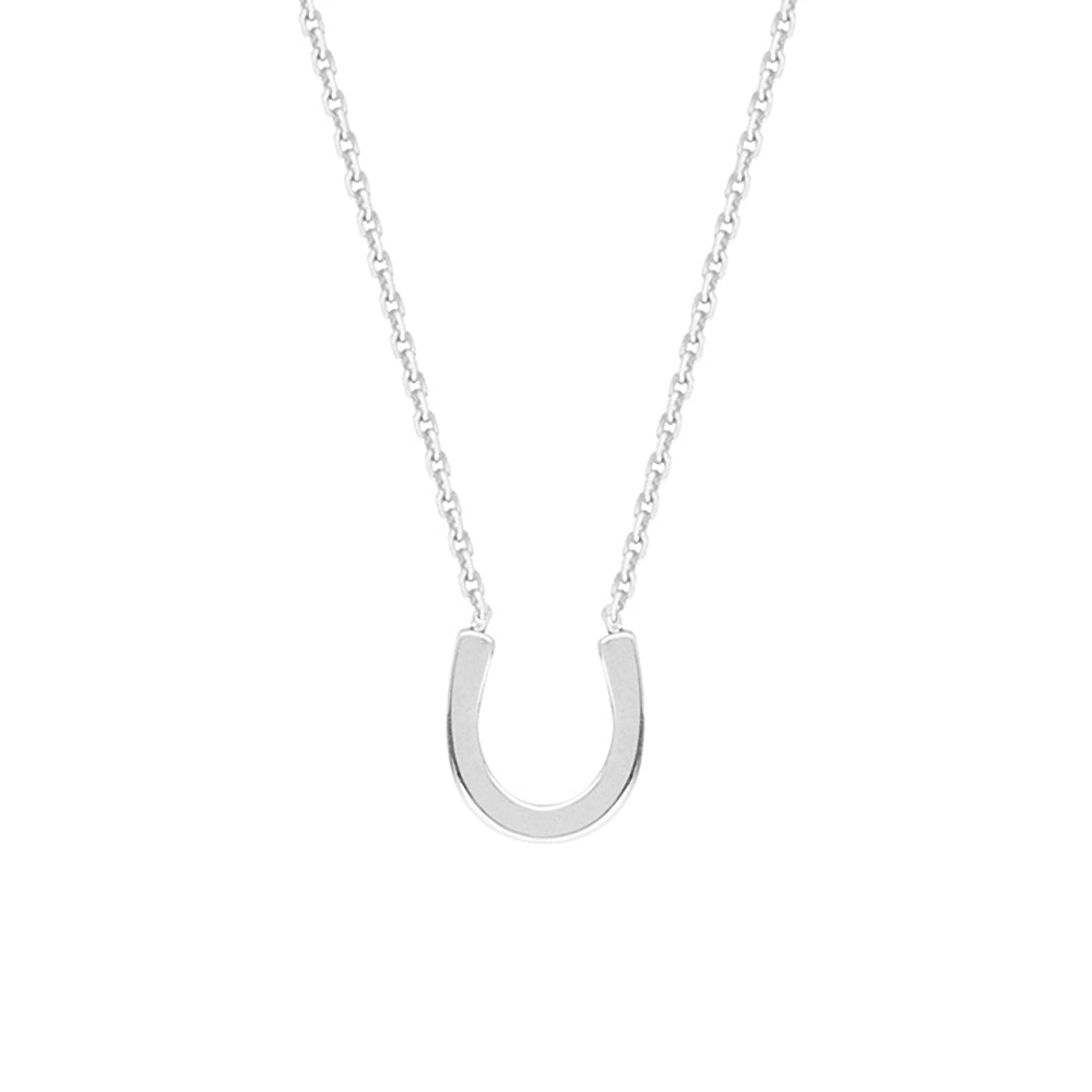 14K White Gold Lucky Horseshoe Necklace. Adjustable Diamond Cut Cable Chain 16" to 18"