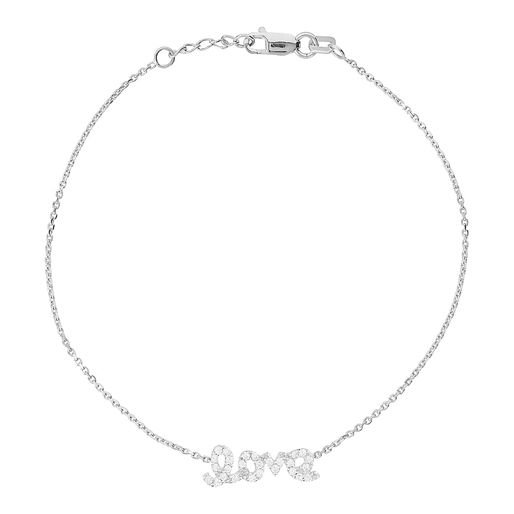 14K White Gold Cubic Zirconia Love Bracelet. Adjustable Diamond Cut Cable Chain 7" to 7.50"