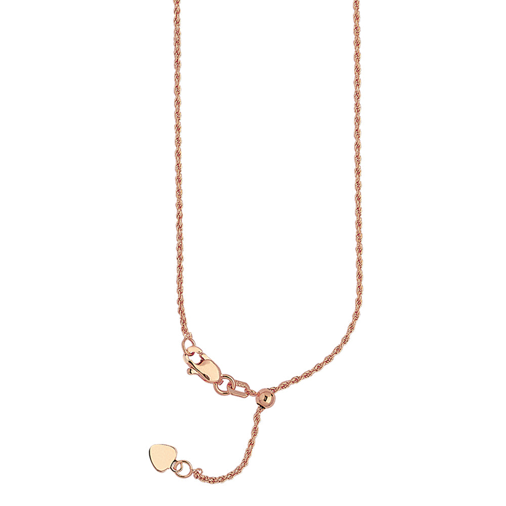 22" Adjustable Diamond Cut Rope Chain Necklace with Slider 14K Rose Gold 1.05 mm 3.1 grams