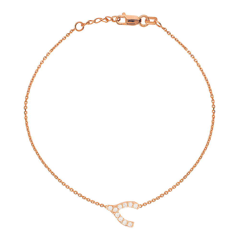 14K Rose Gold Cubic Zirconia Sideways Wishbone Bracelet. Adjustable Diamond Cut Cable Chain 7" to 7.50"