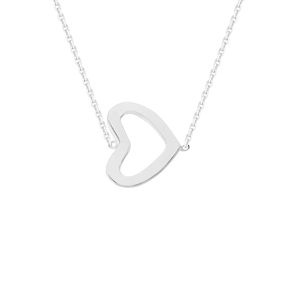 14K White Gold Sideways Heart Necklace. Adjustable Diamond Cut Cable Chain 16" to 18"