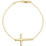 14K Yellow Gold Sideways Cross Bracelet. Adjustable Cable Chain 7" to 7.50"
