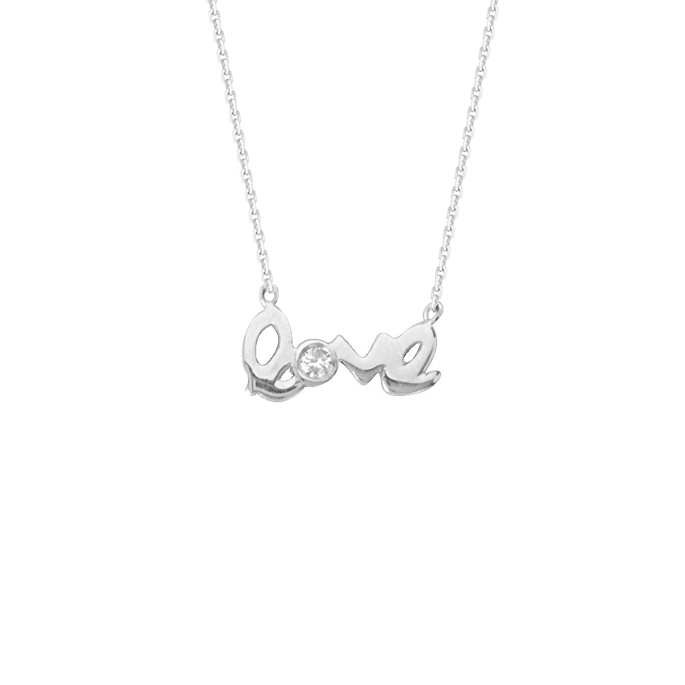 14K White Gold Diamond Love Necklace. Adjustable Cable Chain 16" to 18"