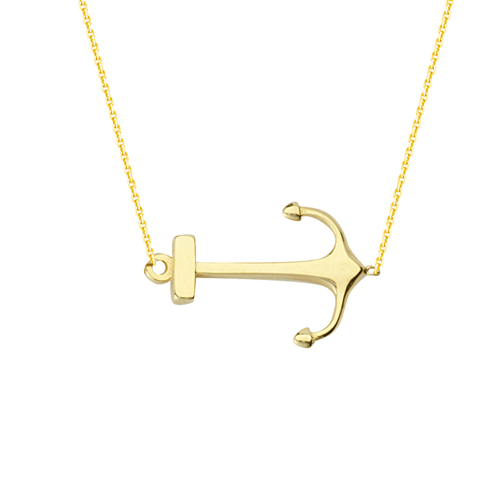 14K Yellow Gold Sideways Anchor Necklace. Adjustable Cable Chain 16" to 18"