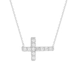 14K White Gold Cubic Zirconia Sideways Cross Necklace. Adjustable Diamond Cut Cable Chain 16" to 18"