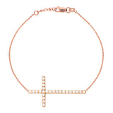 14K Rose Gold Sideways Cross Cubic Zirconia Bracelet. Adjustable Cable Chain 7" to 7.50"