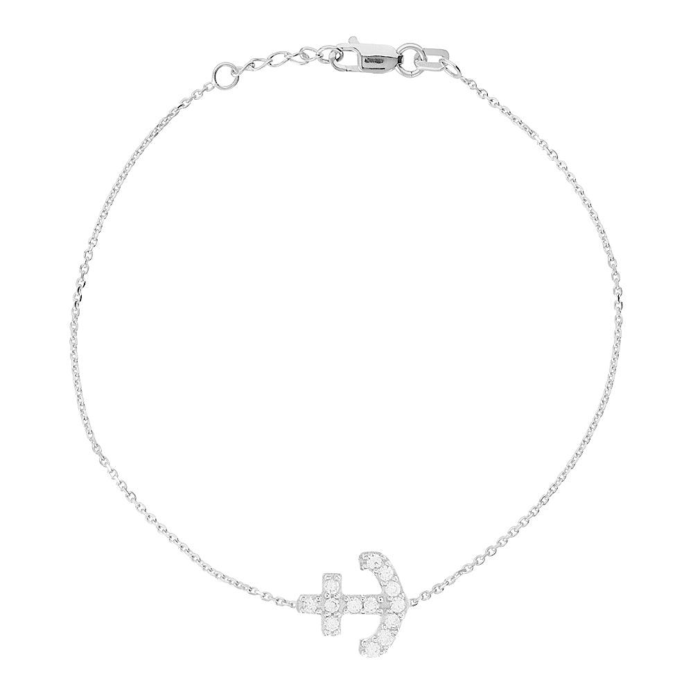 14K White Gold Cubic Zirconia Sideways Anchor Bracelet. Adjustable Cable Chain 7" to 7.50"