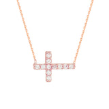 14K Rose Gold Cubic Zirconia Sideways Cross Necklace. Adjustable Diamond Cut Cable Chain 16