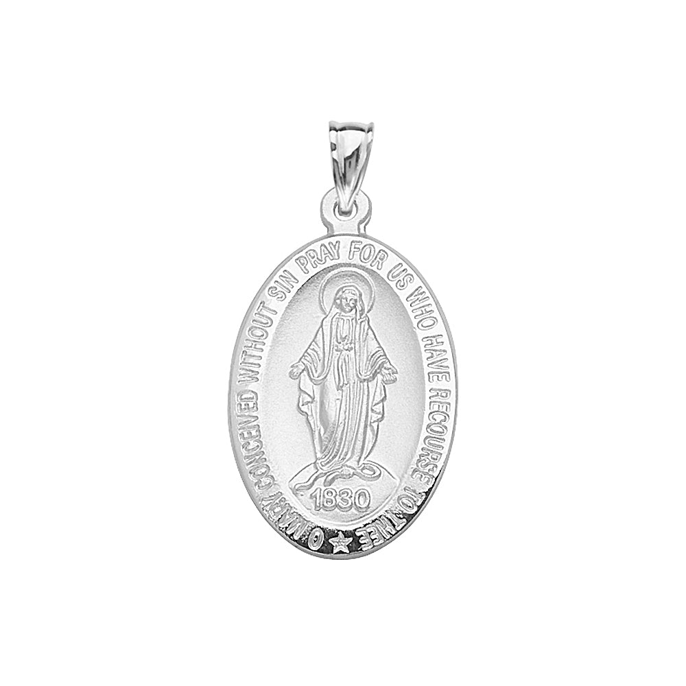 14K White Gold Mary Miraculous Oval Medal With Text Mary conceived without sin pray for us who have recourse to thee