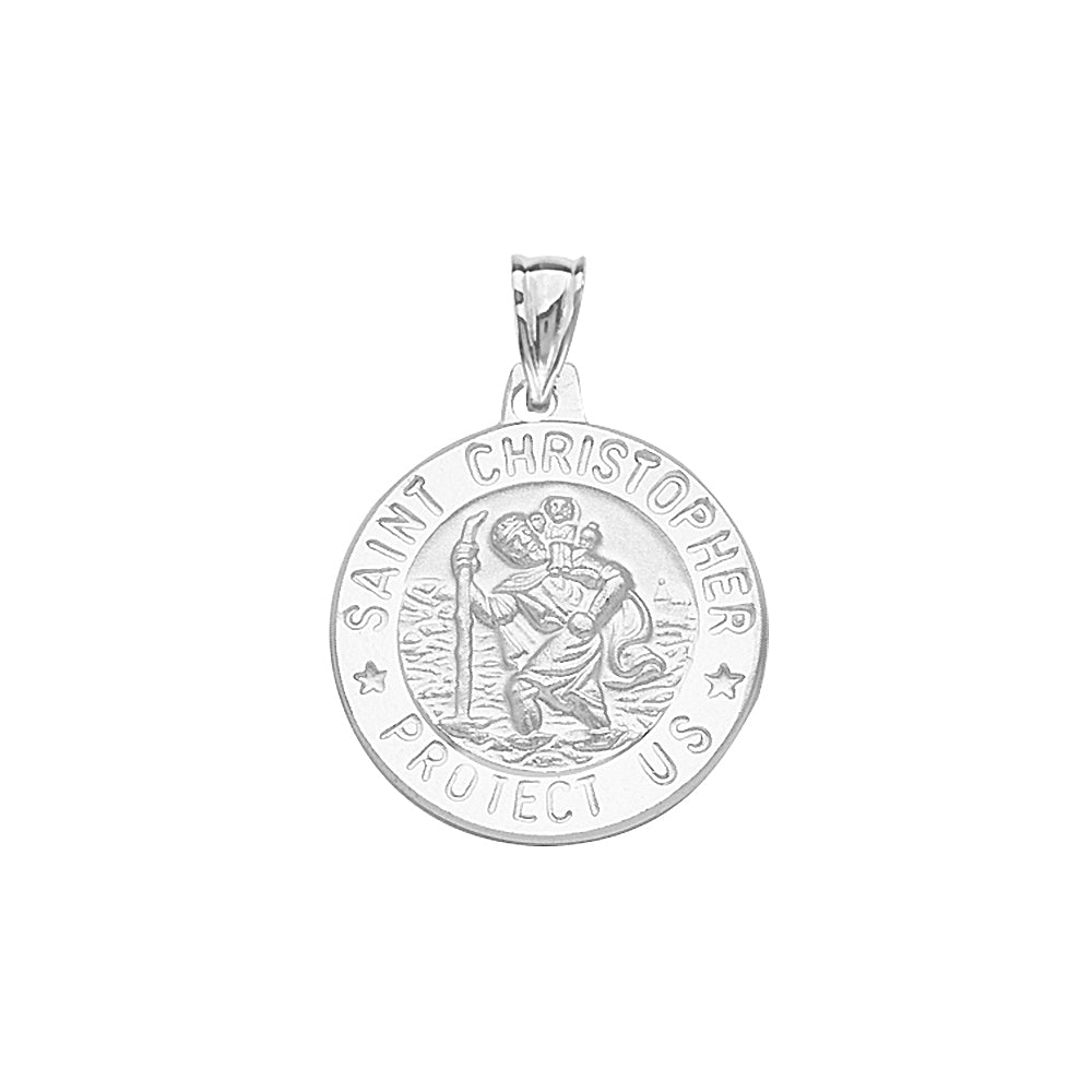 14K White Gold Saint Christopher Round Medal With Text Saint Christopher. Protect us