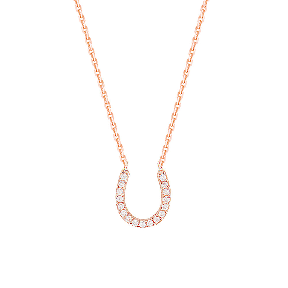 14K Rose Gold Cubic Zirconia Lucky Horseshoe Necklace. Adjustable Diamond Cut Cable Chain 16" to 18"