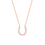 14K Rose Gold Cubic Zirconia Lucky Horseshoe Necklace. Adjustable Diamond Cut Cable Chain 16
